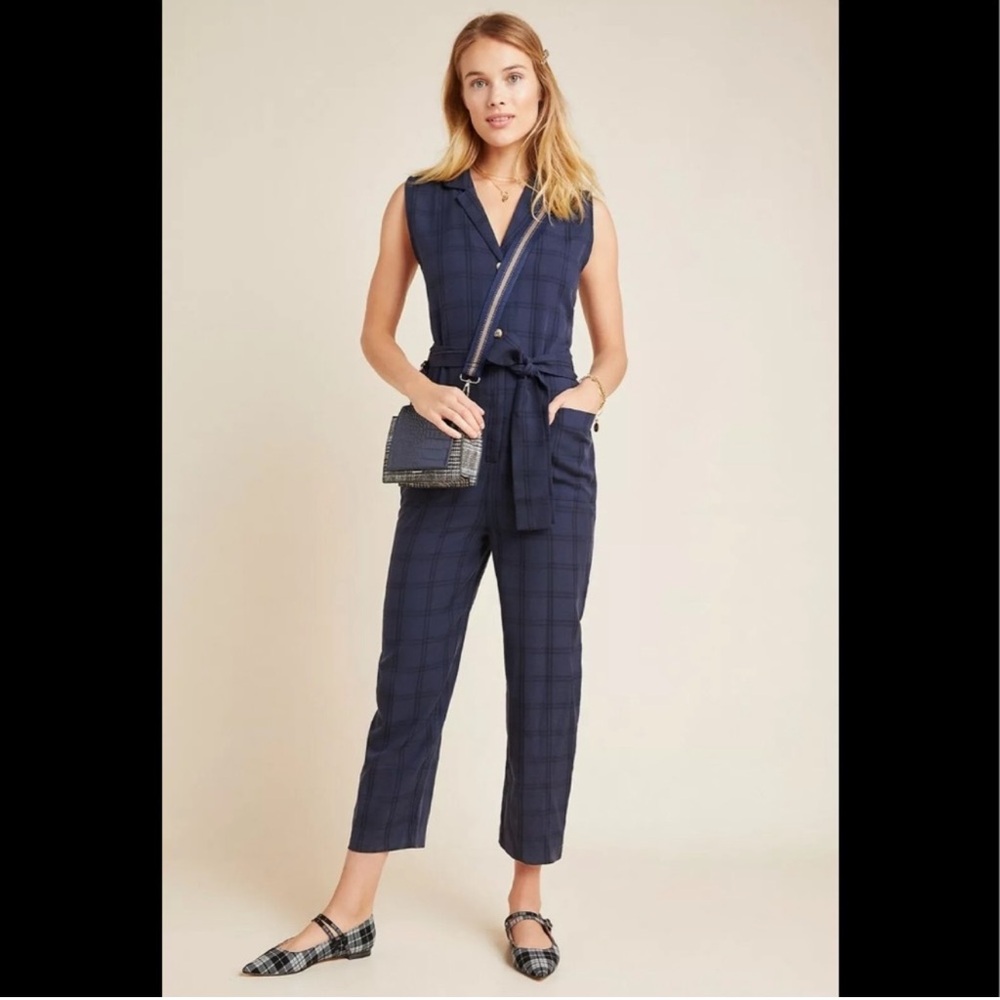 Anthropologie Brielle Navy Plaid Jumpsuit